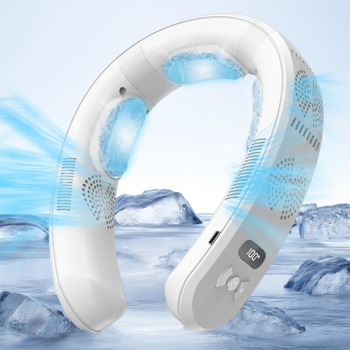 Portable Neck Fan Bladeless Cooling Air Conditioner Rechargeable Personal Cooler LED Light 3 Speeds Plates White Outdoor