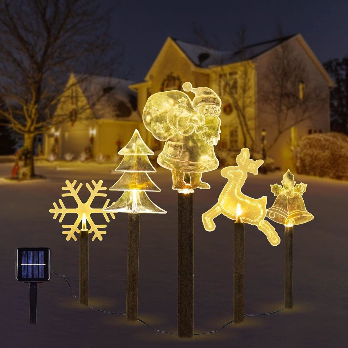 5 in 1 Solar Christmas Lawn Lamp Santa Claus Snowflakes Bells and Elk Solar-Powered Garden Decoration