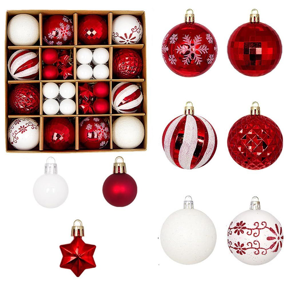 Ball Ornaments Set Shatterproof Christmas Tree Decor Decorative Set, for Home Holiday Wedding Party Xmas Hanging Decorations - Red/White.