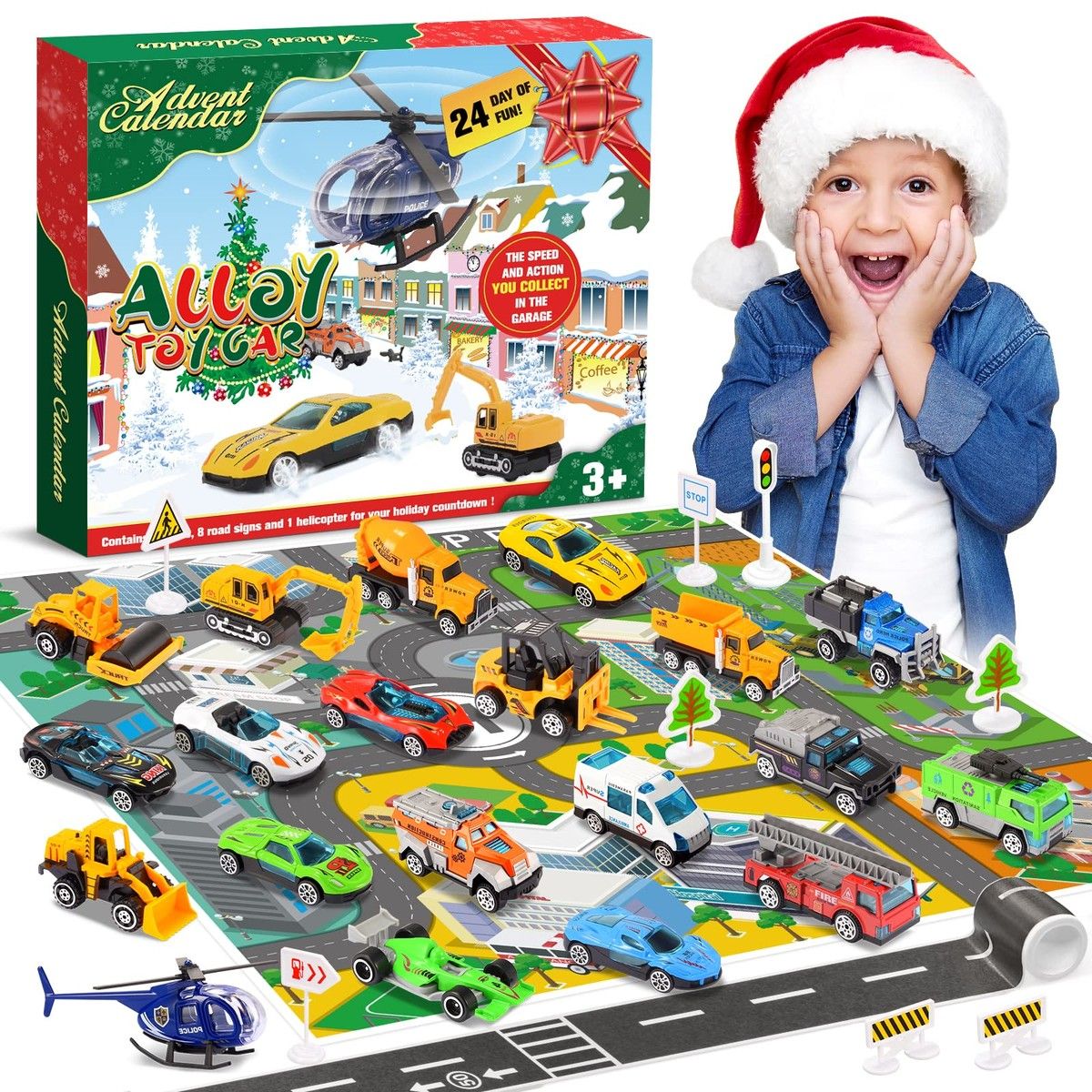 Christmas Advent Calendar Alloy Vehicles and Helicopter Toy Sets Plus 2 Play Mats Christmas Countdown Calendars for Boys Girls