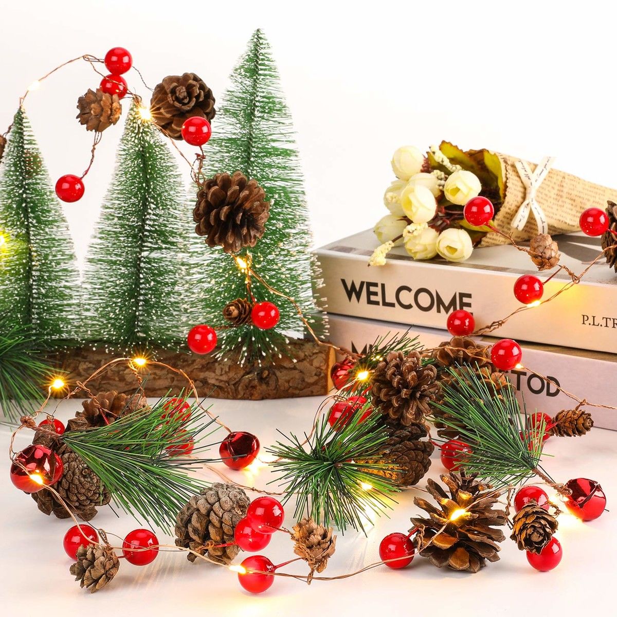 Sparkling Christmas Ornament Garland With Festive Berries And Pine Cones Deep Emerald Green Ai Generated Whimsical 329917990