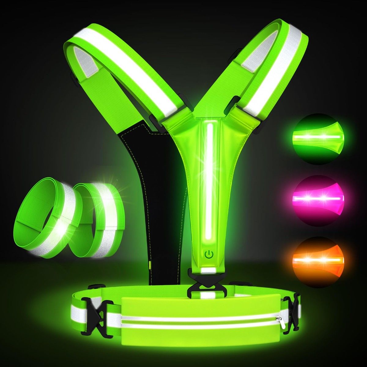 LED Reflective Vest Running Gear Set,USB Rechargeable Light Up Running Vest for Runners Night Walking with Waterproof Bag,High Visibility Armband (Green)