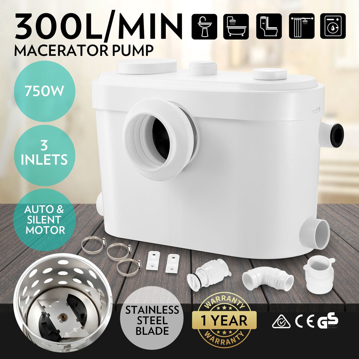 750W Macerator Sewage Pump Automatic Waste Water Flush Marine Toilet Bathroom Laundry Kitchen Sink Sewerage Disposal Ejector Wastewater Treatment