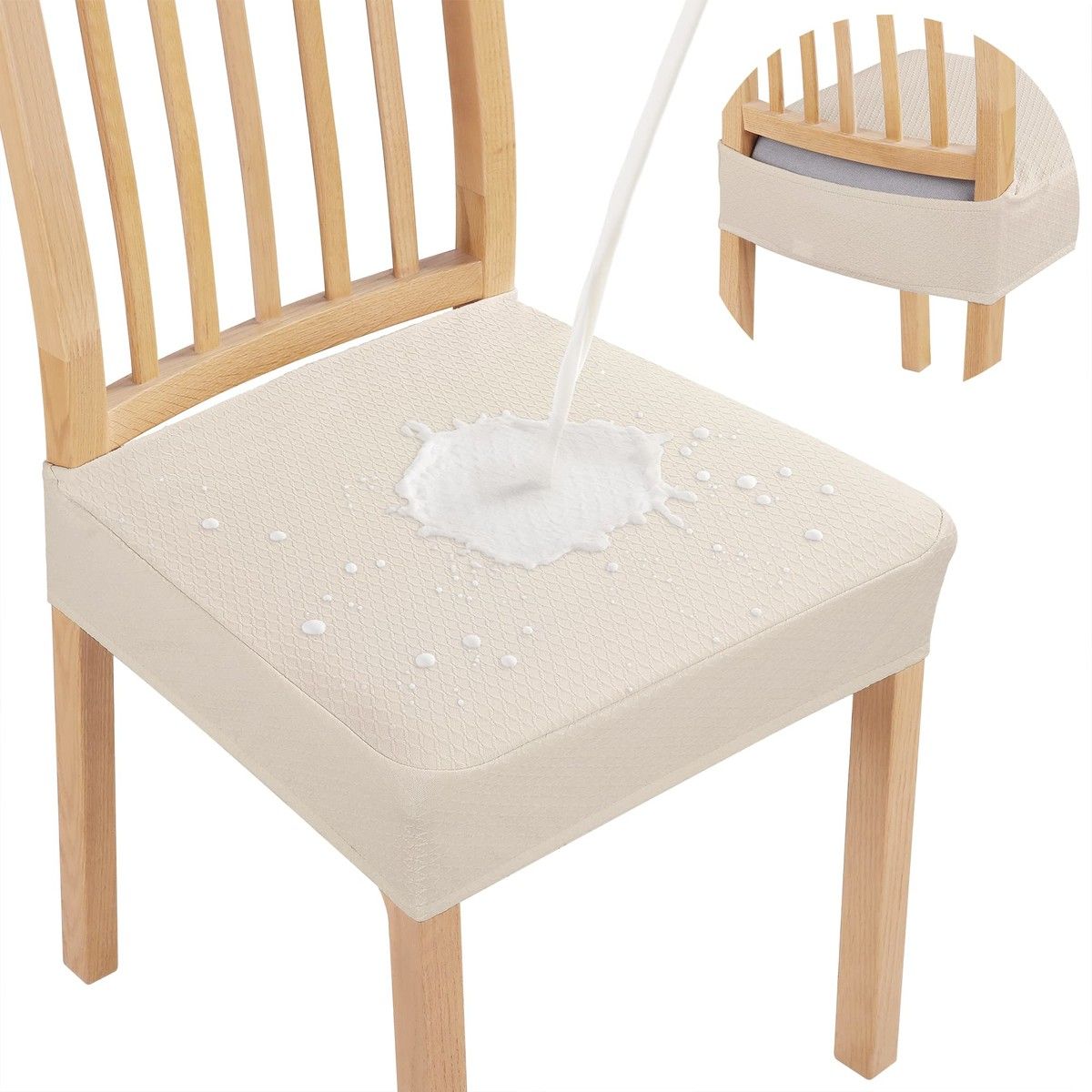 Waterproof Seat Covers for Dining Room Chairs Set of 4,Stretch Jacquard Removable Washable Chair Seat Slipcovers Protector,No Rear Covers (Beige,4Pack)