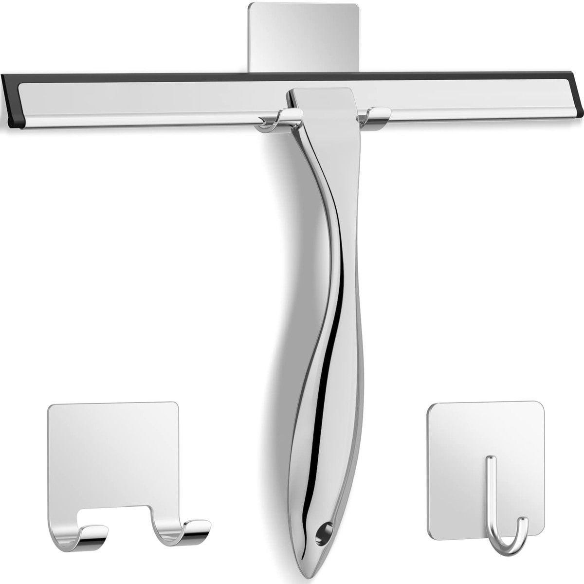 All-Purpose Stainless Steel Shower Squeegee for Shower Doors with 2 Hooks, Bathroom Cleaner Tool Household Window Mirror Squeegee for Home Cleanin Car, 10 Inch Silver
