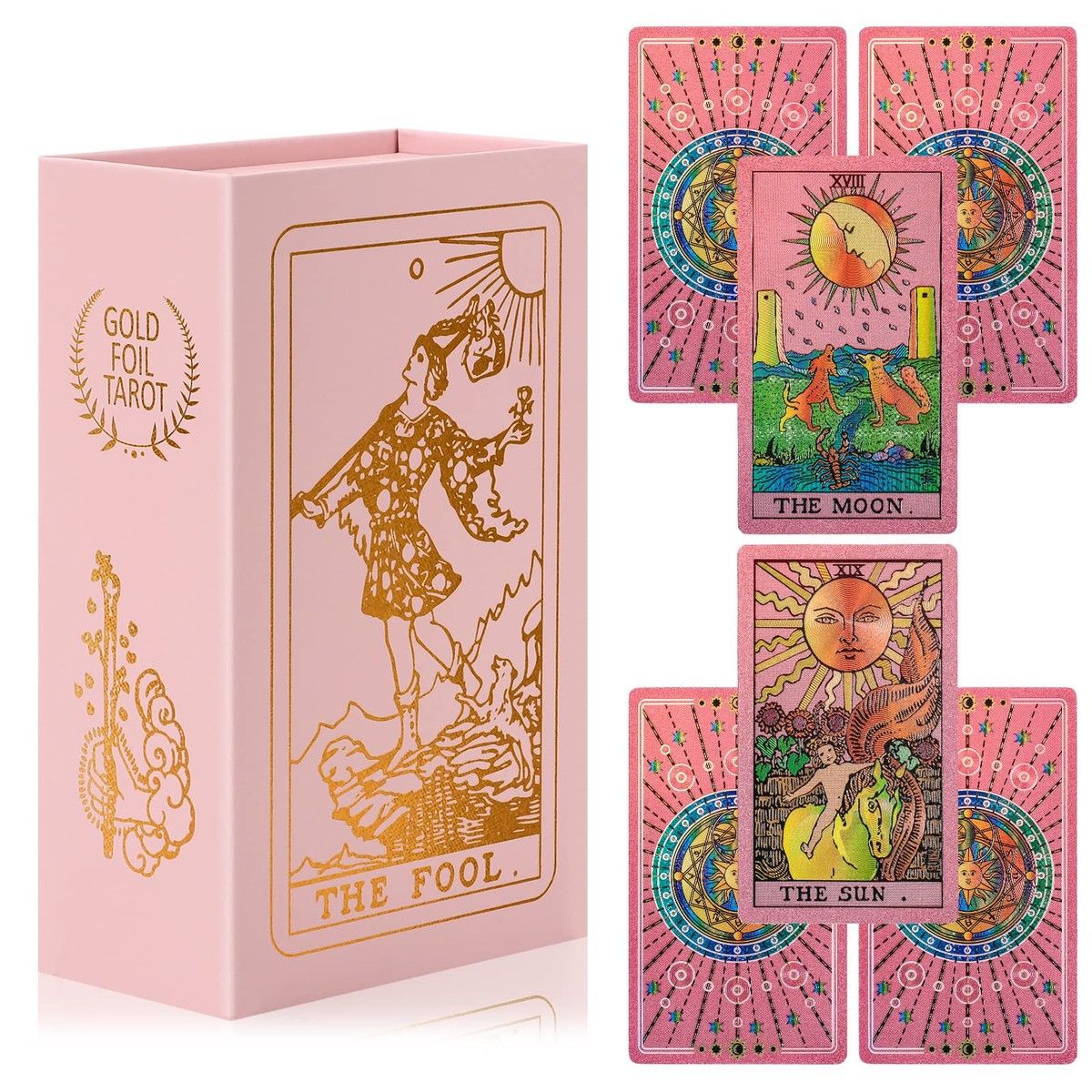Pink Tarot Cards with Guide Book Waterproof and Wrinkle Resistant Tarot Gold Foil Tarot Cards for Beginners Pink Tarot Decks with Meanings on Them Gold Tarot Cards