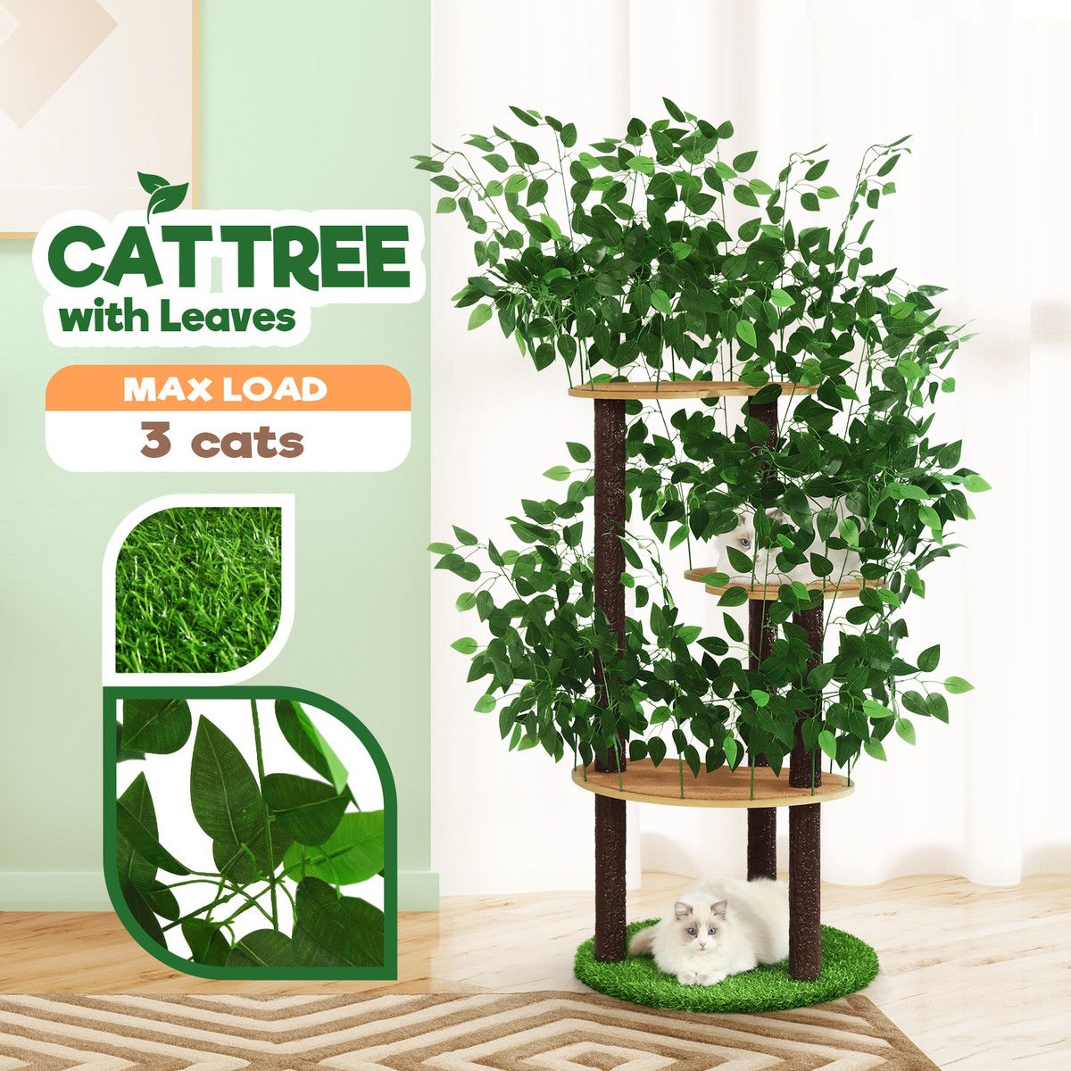 150cm Cat Tree Tower Kitten Scratching Post Play House Stand Activity Centre Scratcher Furniture Climbing Frame Platform Artificial Grass Leaves