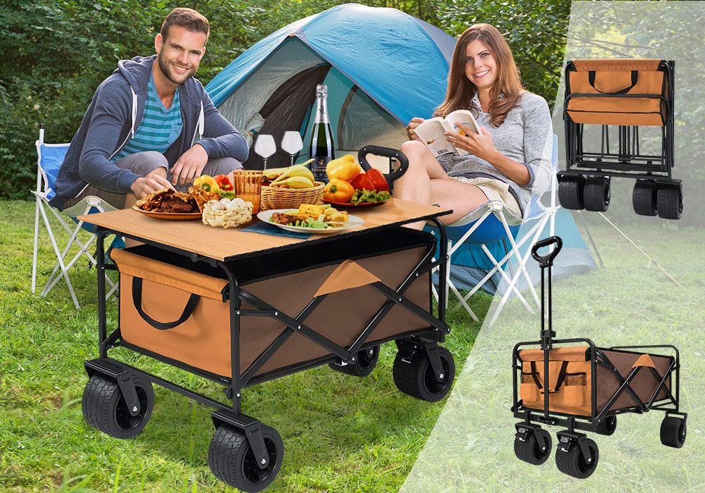 Folding Garden Trolley 150kg Trailer Cart Utility Wagon Barrow Beach Camping Picnic Campervan Sports Market Grocery Shopping with Tabletop