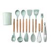 11 Pcs Silicone Cooking Utensils Kitchen Utensil Set Heat Resistant,Spoon, Brush, Whisk, Wooden Handle Black Kitchen Gadgets with Holder for Cookware Color White