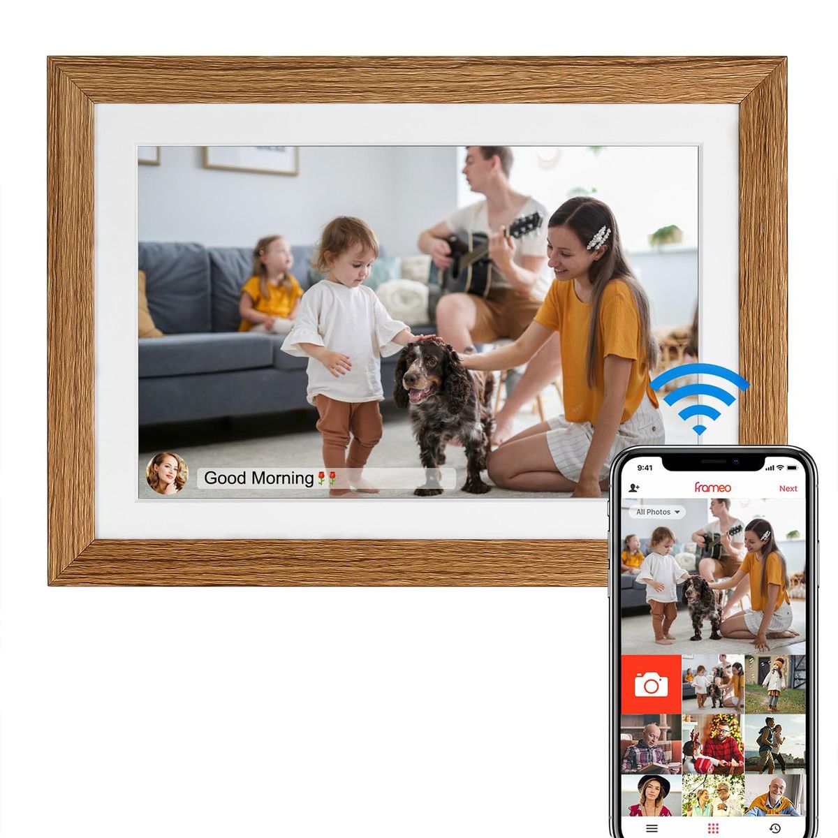 10.1 Inch Smart WiFi Digital Photo Frame 1280x800 IPS LCD Touch Screen,Auto-Rotate Portrait and Landscape,Built in 32GB Memory (Wooden)
