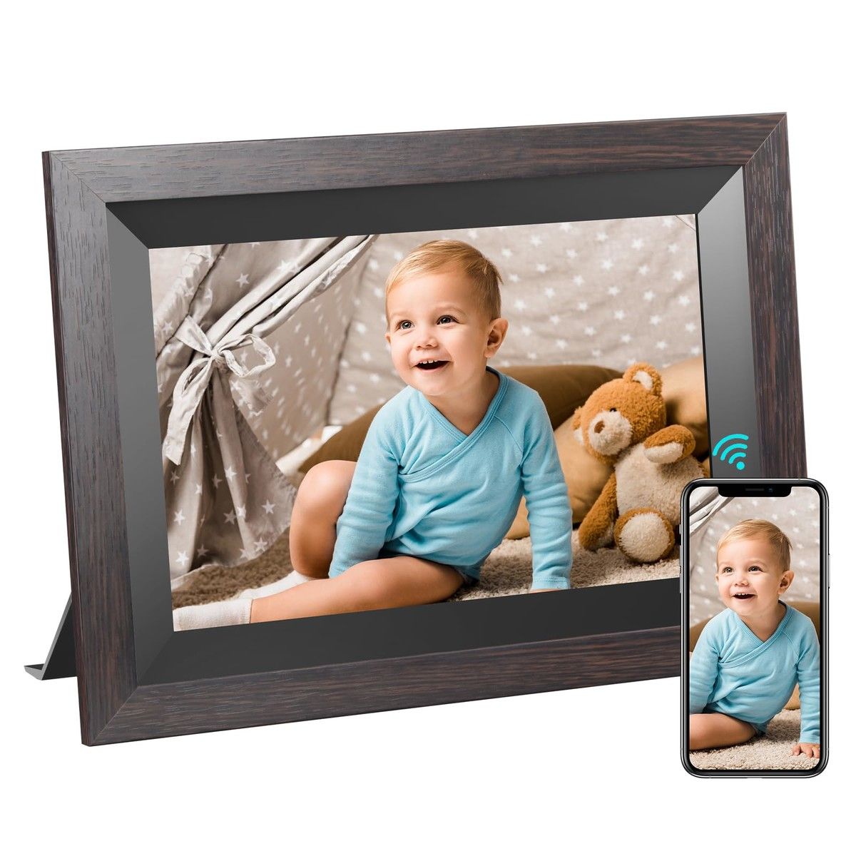 10.1 Inch Smart WiFi Digital Photo Frame 720P IPS LCD Touch Screen,Auto-Rotate Portrait and Landscape,Built in 32GB Memory (Wooden Frame)