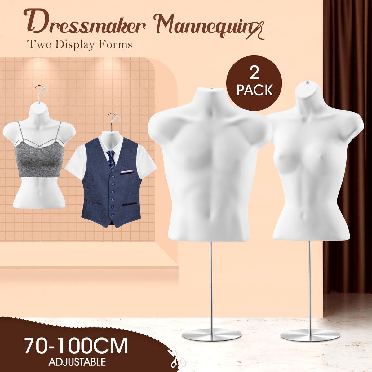 Male Female Mannequin Display Manikin Dressmakers Torso Dress Form Sewing Fashion Mens Women Dummy Adjustable 70-100cm with Stands Hollow Back 2PCS
