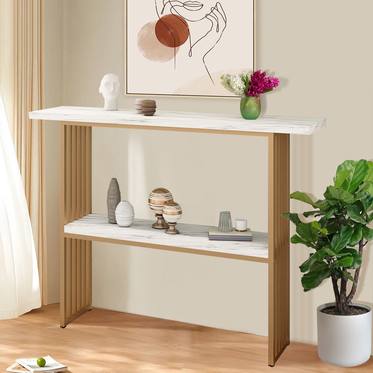 120cm Console Table White Faux Marble Entryway Hallway Gold Finished Frame Modern Deluxe Sofa with 2 Tier Storage