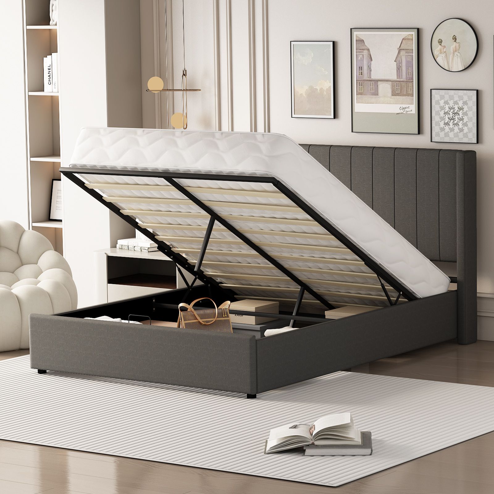 Wooden Bed Frame Double Size Mattress Base Platform Gas Lift Up