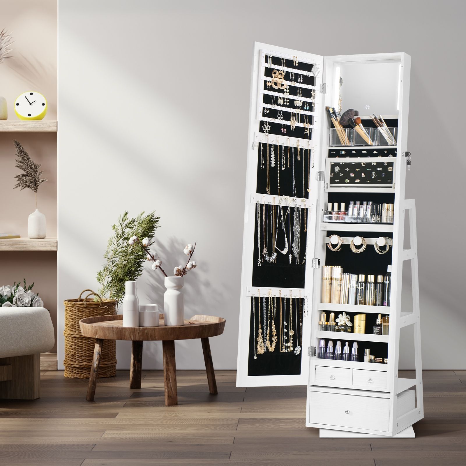 Rotating Jewellery Storage Shelf 360 Degree Cabinet Mirror Organiser Box Floor Stand for Earring Necklace Ring White