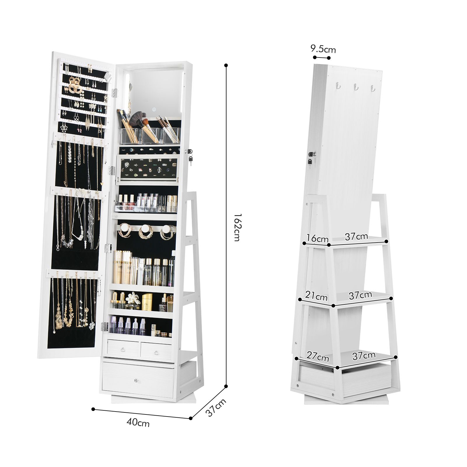 Rotating Jewellery Storage Shelf 360 Degree Cabinet Mirror Organiser Box Floor Stand for Earring Necklace Ring White