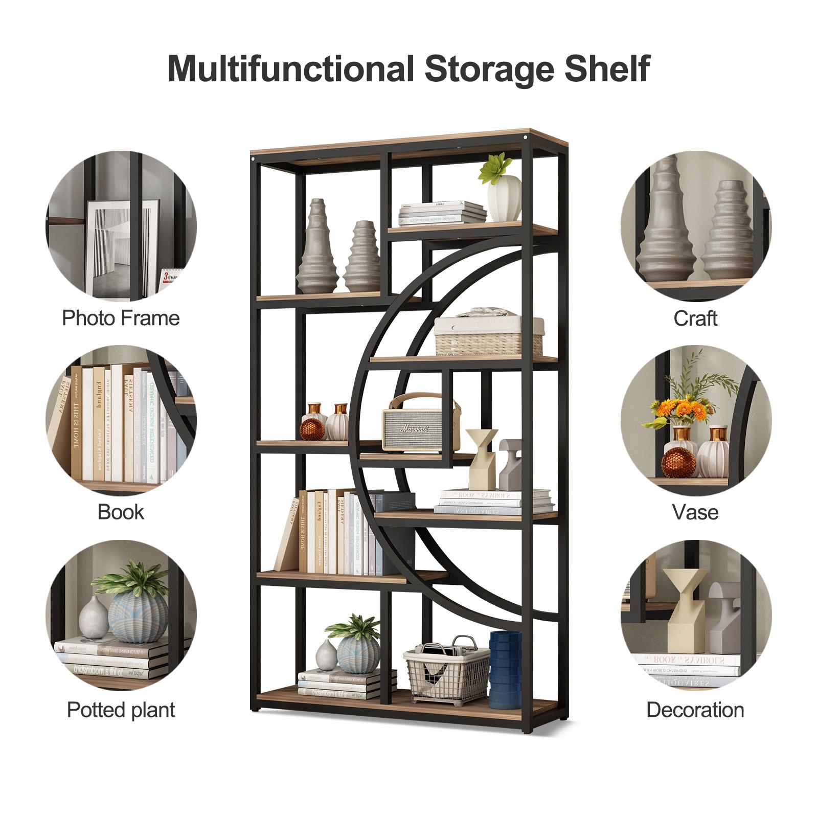 Bookshelf Display Tier Shelf CD DVD Photo Storage Media Rack Plant Ornament Holder Metal Shelving Black Room
