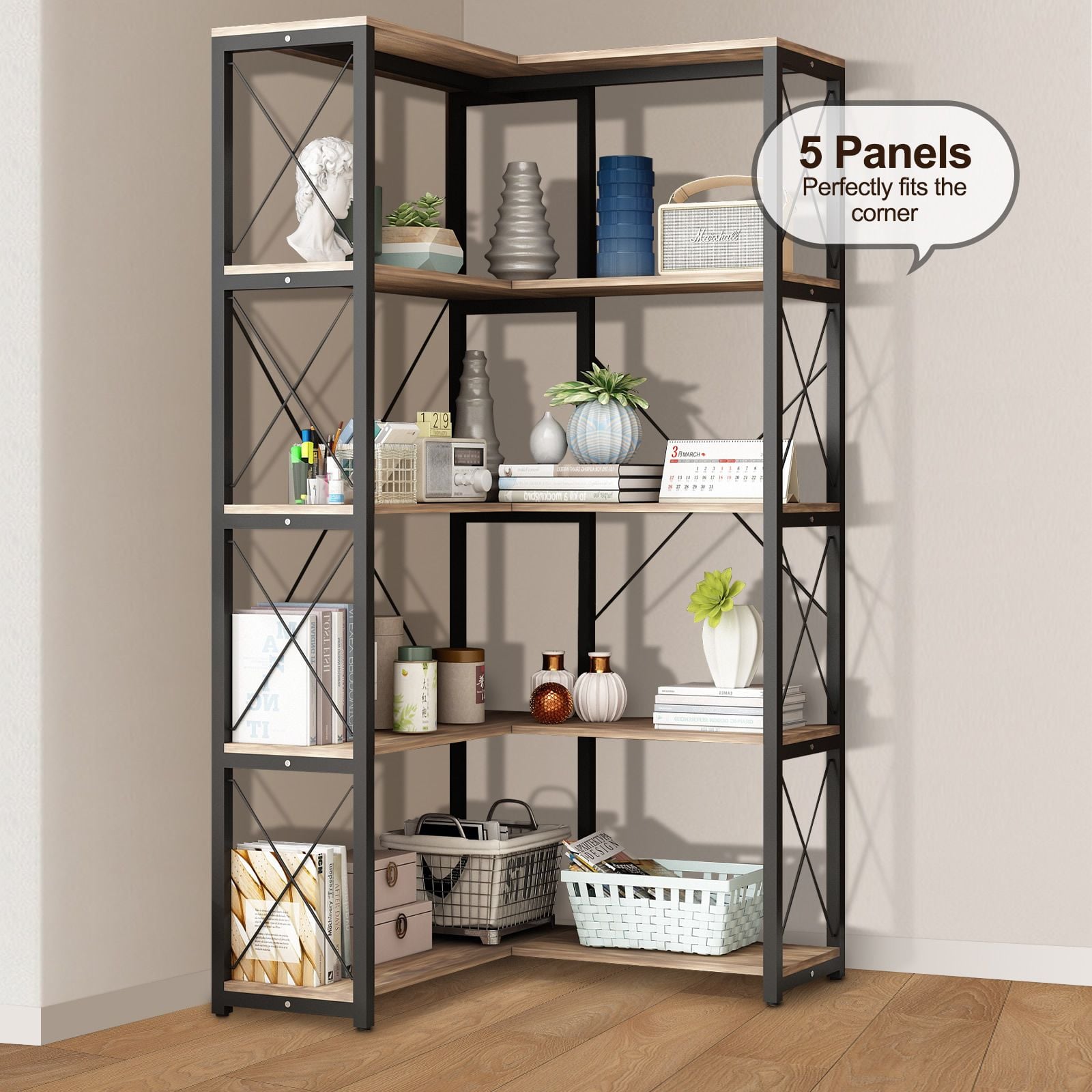 Bookshelf Display Corner Shelf 4 Tier CD DVD Photo Storage Media Rack Plant Ornament Holder Metal Shelving Black
