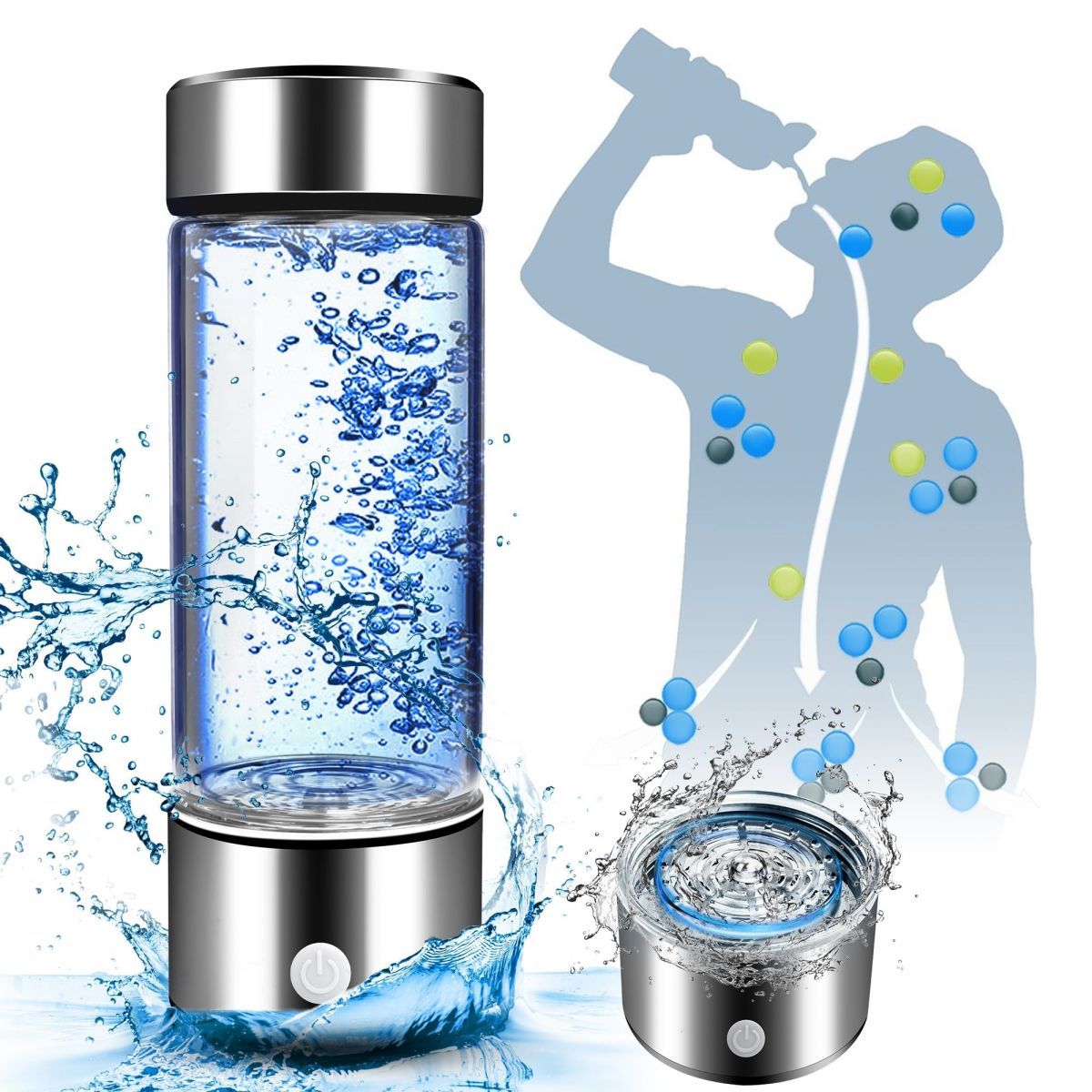 Hydrogen Water Bottle,Portable Hydrogen Water Bottle Generator,Ion Water Bottle Improve Water Quality in 3 Minutes,Water Ionizer Machine (Silver)