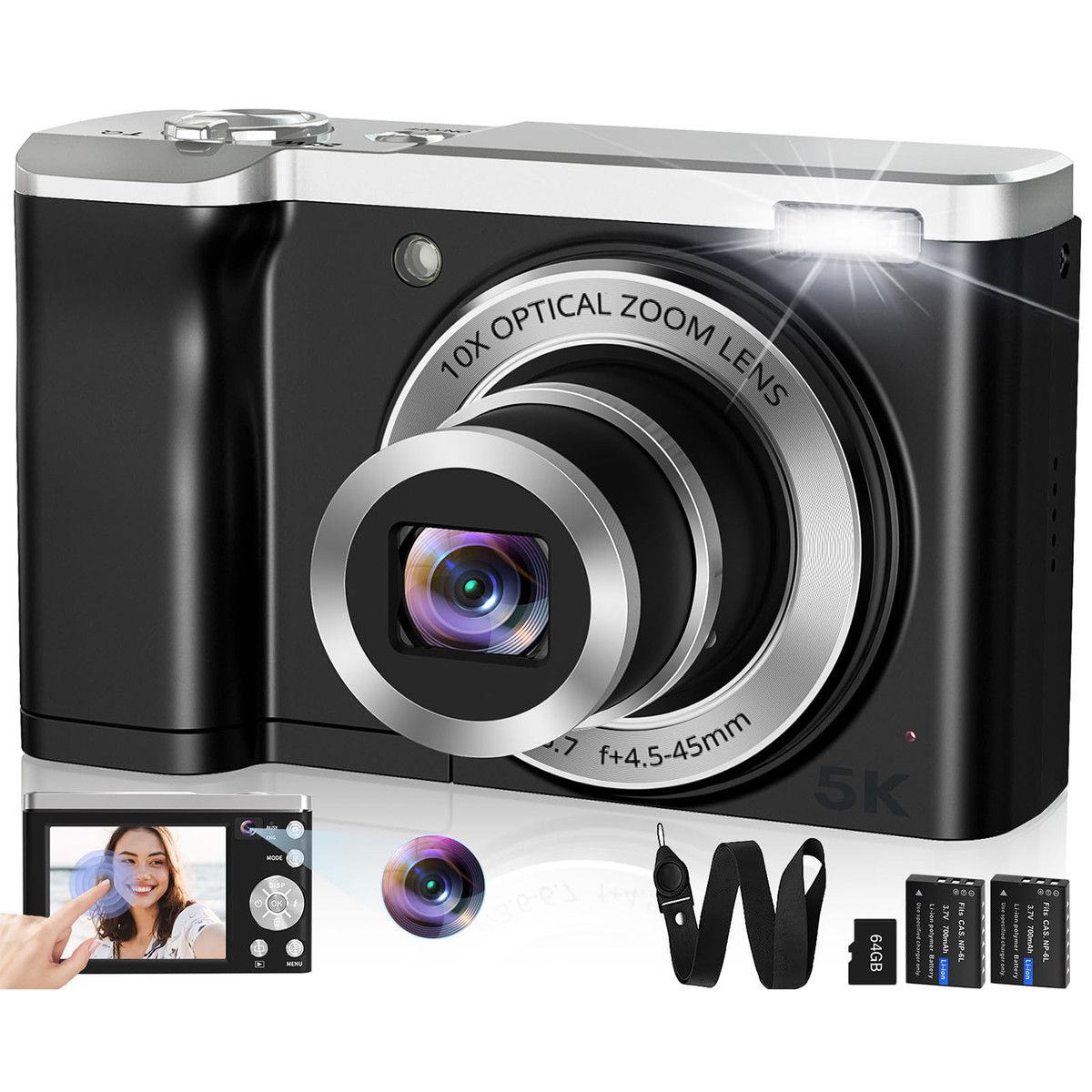 5K Digital Camera,Autofocus 56MP Cameras,10X Optical Vlogging Compact Camera with Front and Rear Camera,6-Axis Anti-Shake,Touch Screen with 64GB SD Card,2 Batteries