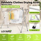 Clothes Drying Airer Stainless Steel Garment Rack Laundry Adjustable Foldable Freestanding Outdoor With 20 Hooks