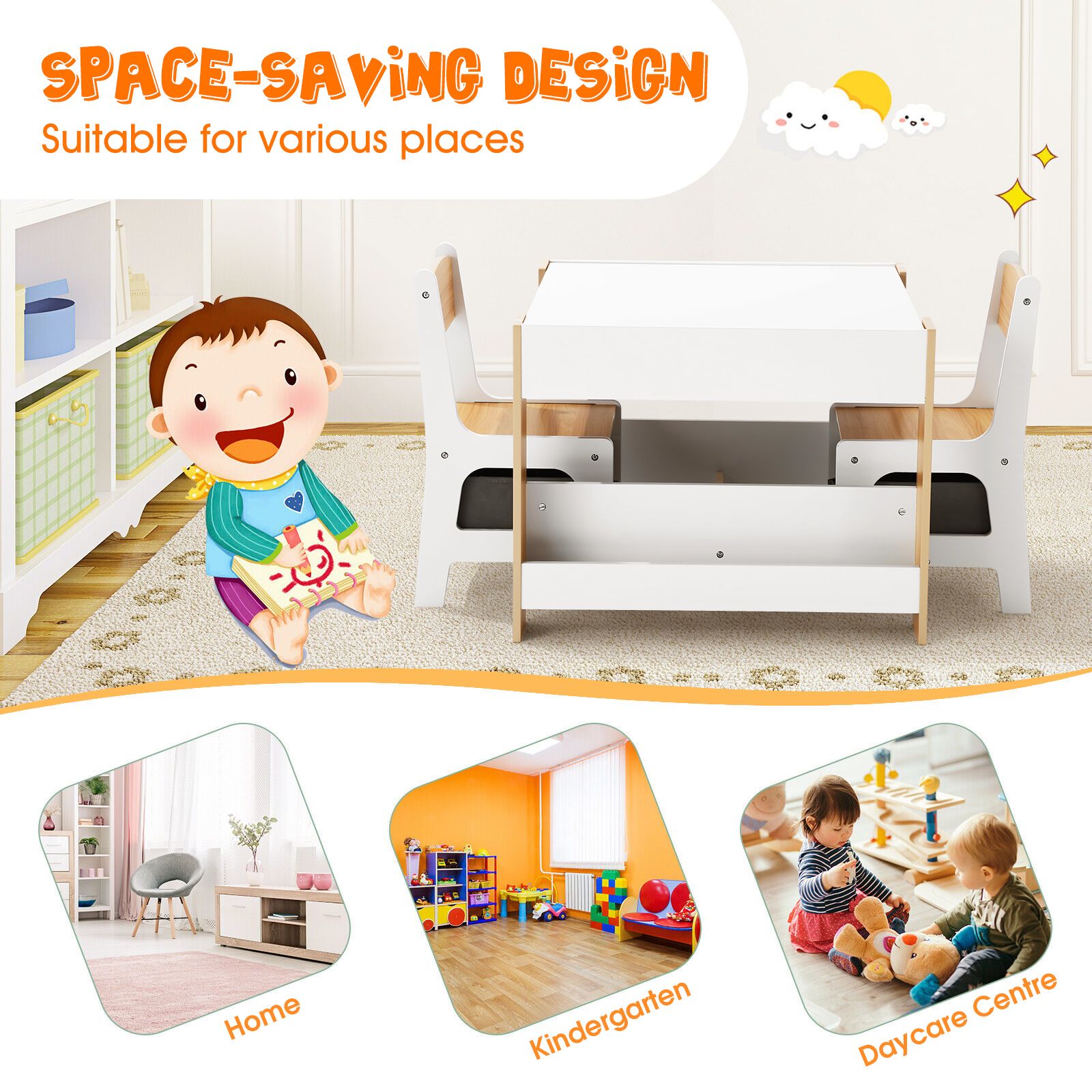 4 IN 1 Kids Table and Chairs Set Childrens Activity Centre Picnic Play Study Furniture Indoor Outdoor Drawing Art Gaming Craft Book Storage Desk