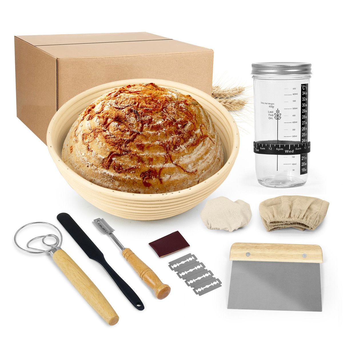 23cm Round Banneton Bread Proofing Basket Set,Sourdough Bread Baking Supplies Starter Kit, Complete Set for Bread Making with Sourdough Starter Jar