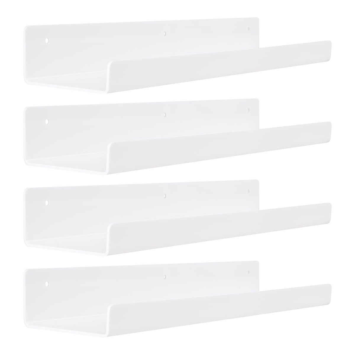 White Acrylic Shelves for Storage,15" Floating Shelves Wall Mounted for Kids Bookshelf/Display Ledge Shelves for Bedroom,Living Room,Bathroom,Kitchen,Set of 4