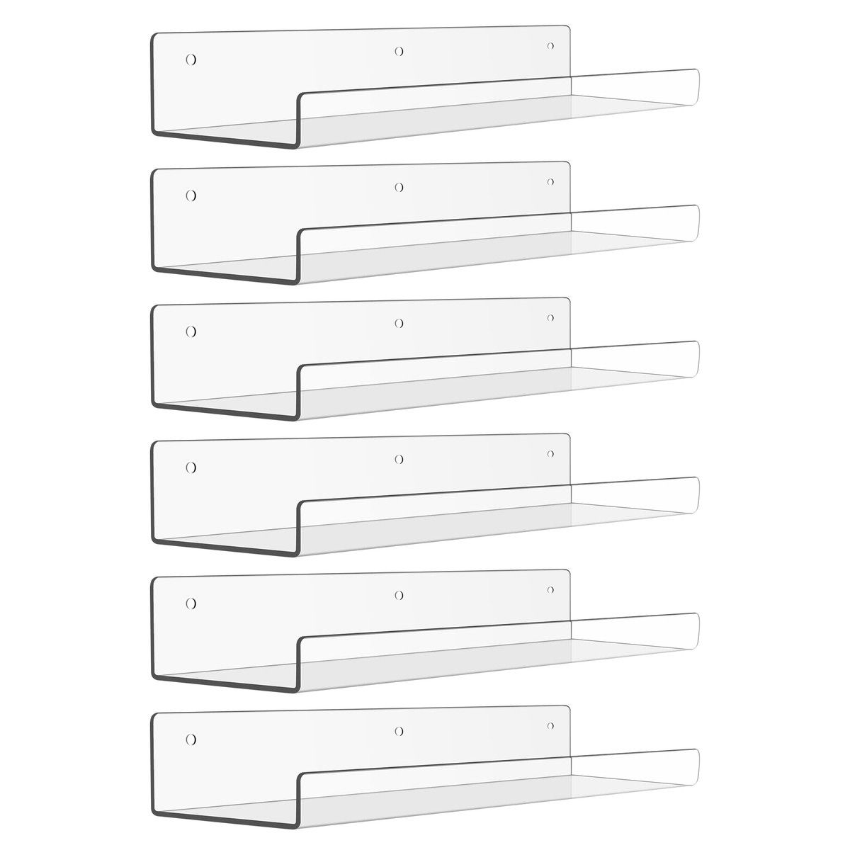 Clear Acrylic Shelves for Storage,15" Floating Shelves Wall Mounted for Kids Bookshelf/Display Ledge Shelves for Bedroom,Living Room,Bathroom,Kitchen,Set of 6
