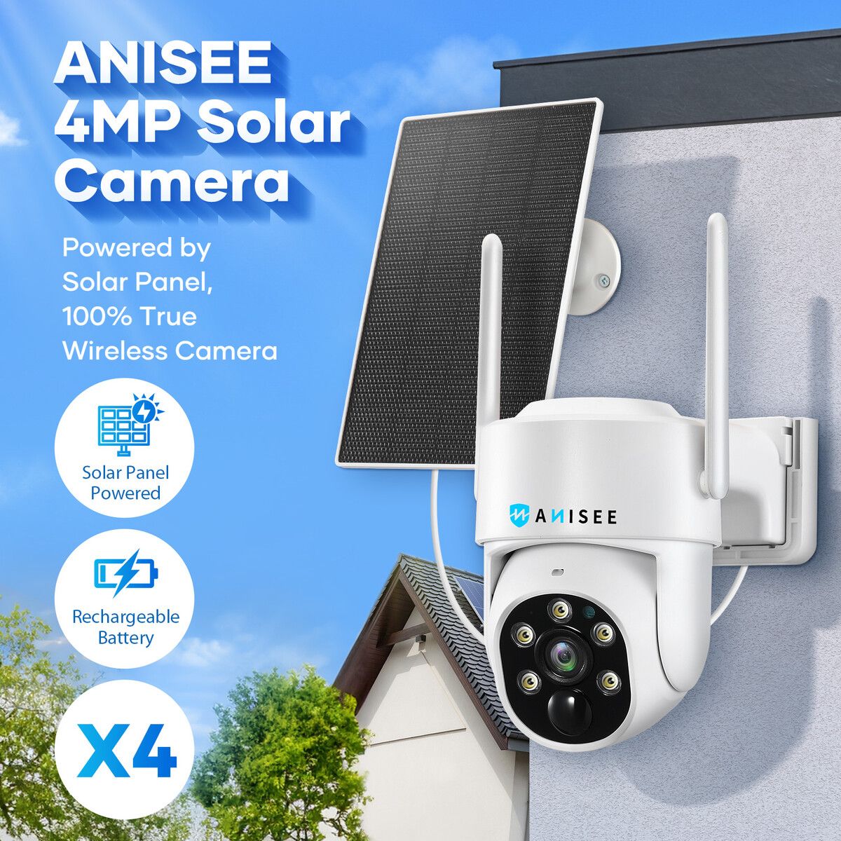 WiFi Security Camerax4 CCTV Set Solar Wireless Home PTZ Outdoor Surveillance System 4MP Spy Waterproof Remote Channel