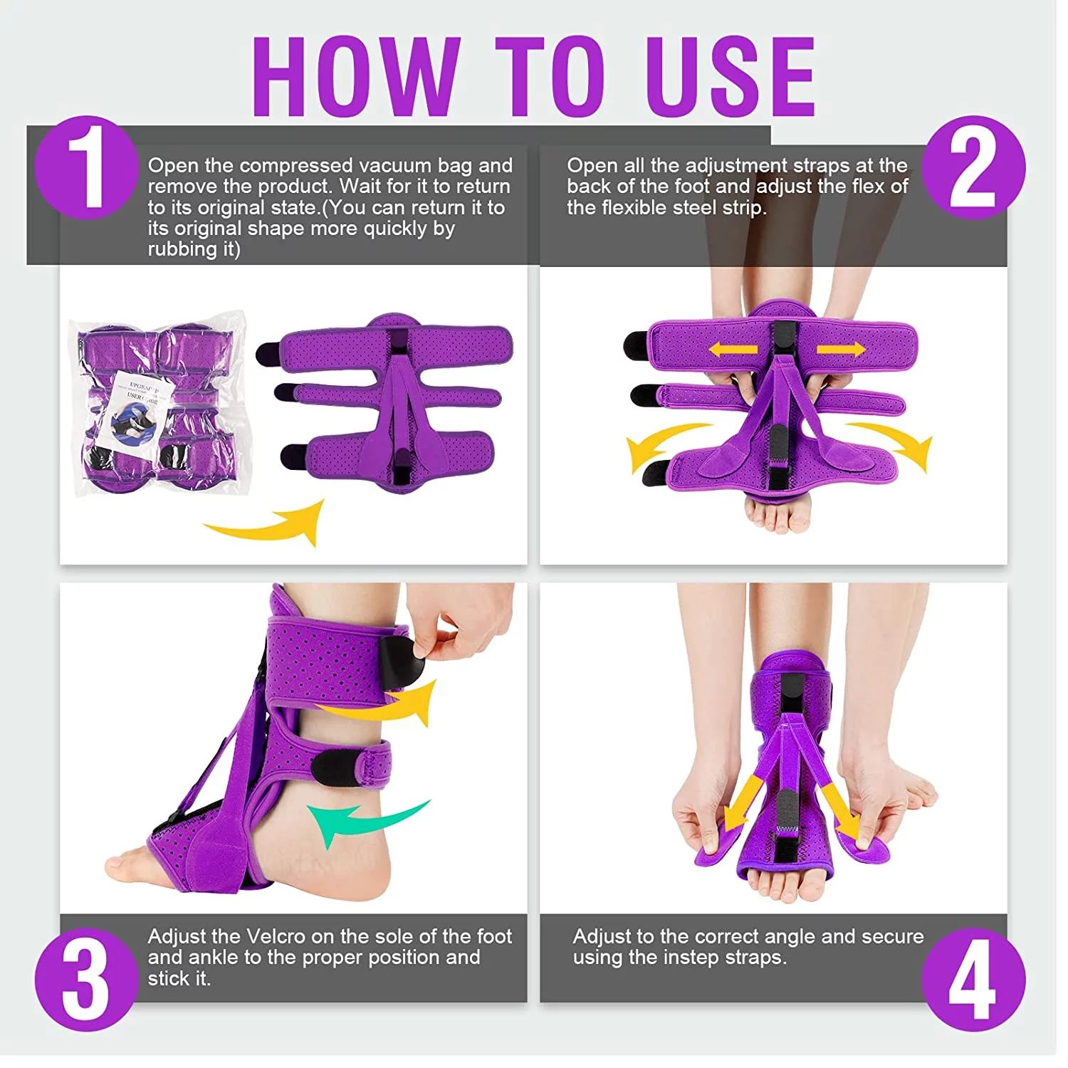 1 Pack Plantar Fasciitis Night Splint,Upgrade 3 Adjustable straps Relief for Women & Men,Brace,Achilles Tendonitis and Foot Drop(Purple)