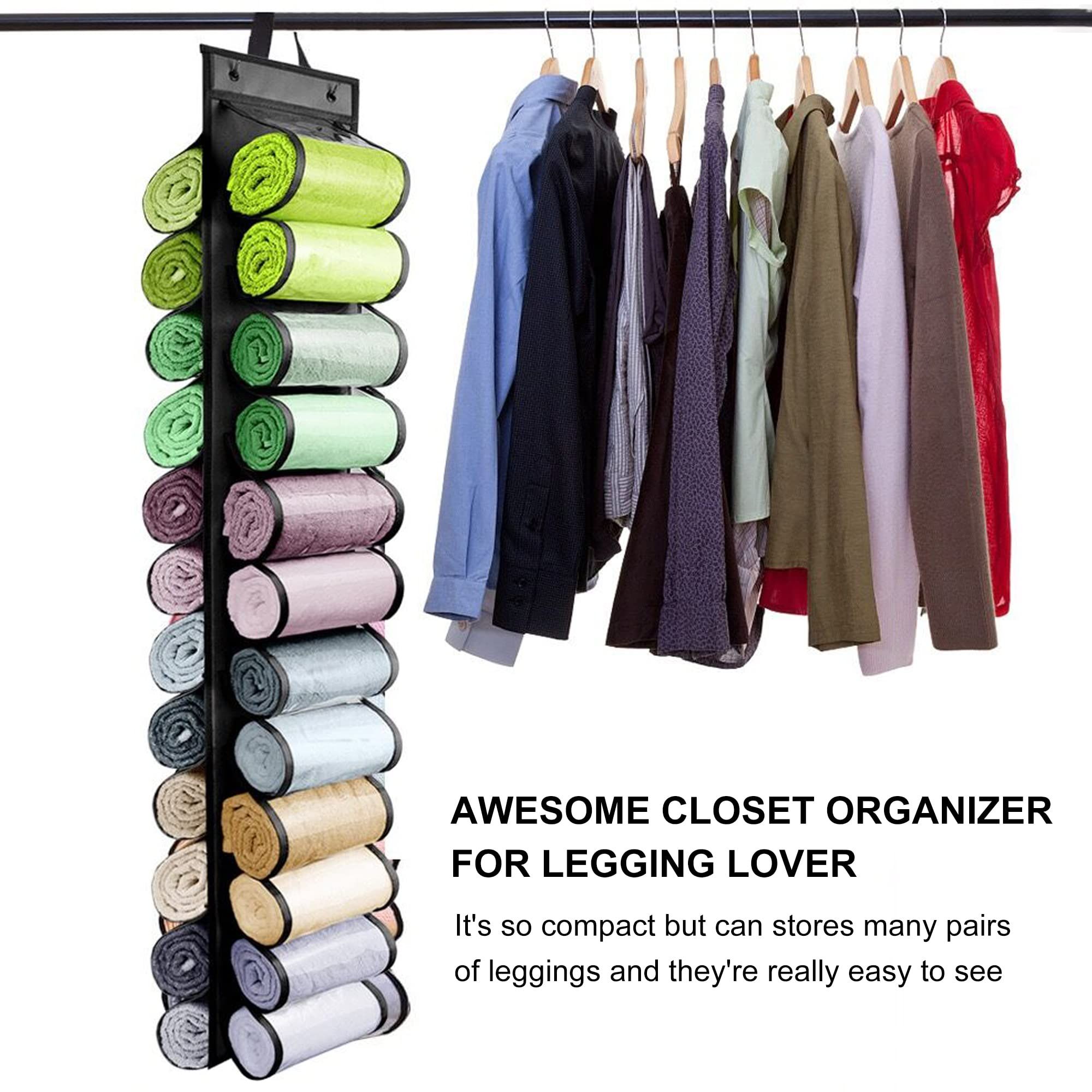 Hanging Closet Organizers and Storage, Over The Door Organizer, for Leggings Clothes Storage and T-Shirts Organization (24 Roll) Color Black