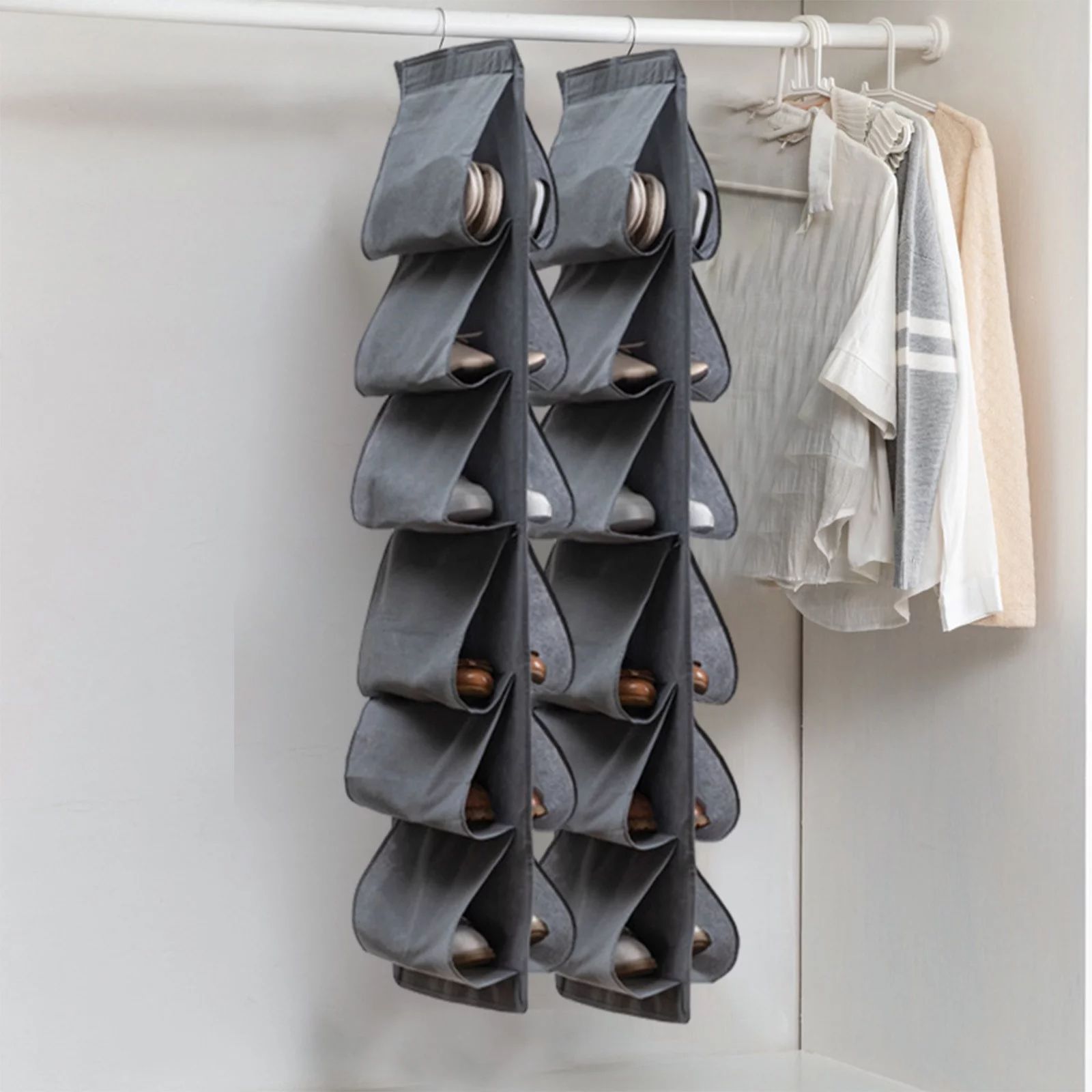 Hanging Shoe Organizer,Shoe Storage Bag Non-Woven Hanging Closet Organizers,12 Compartment Dustproof Storage Convenient Shoe Rack(Grey)