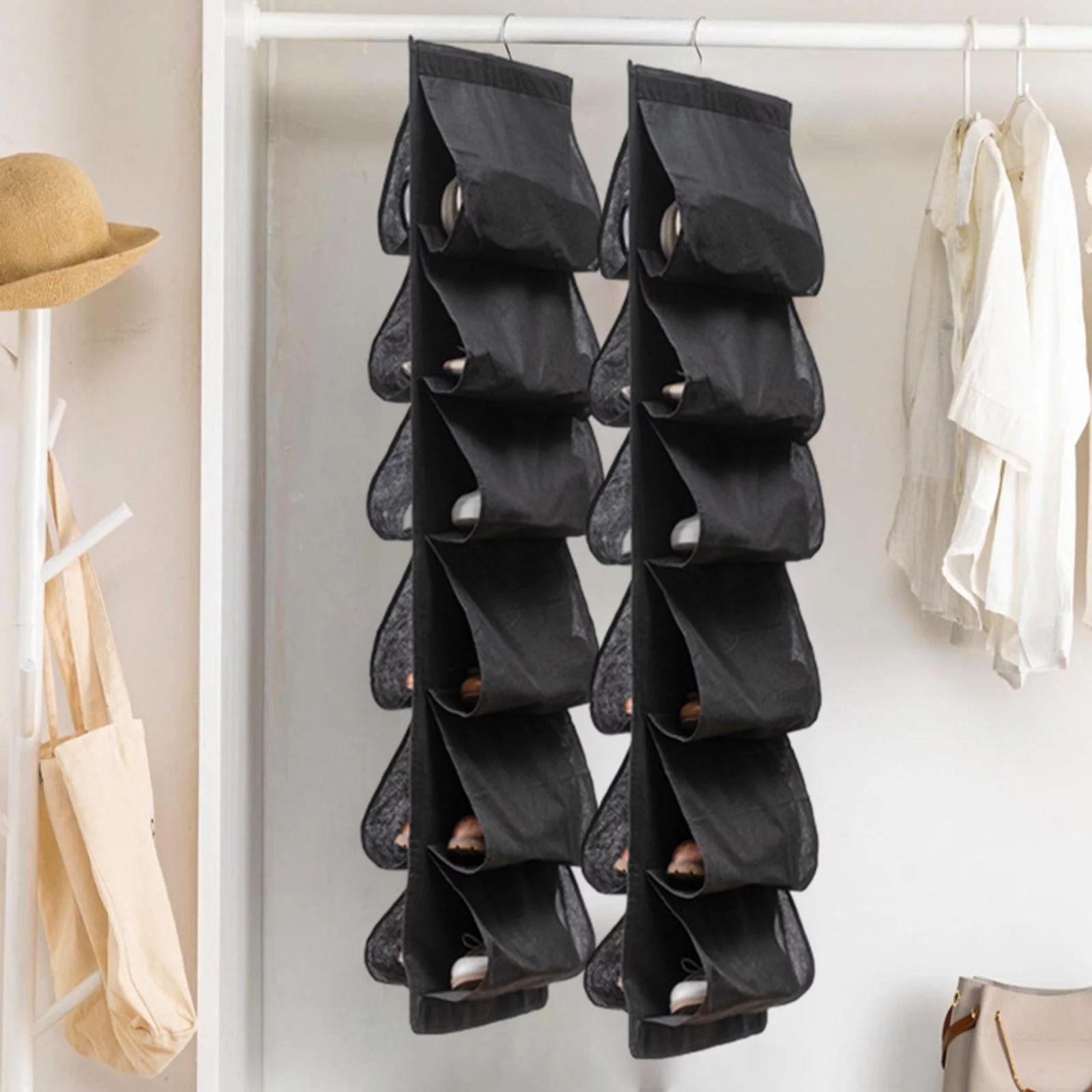 Hanging Shoe Organizer,Shoe Storage Bag Non-Woven Hanging Closet Organizers,12 Compartment Dustproof Storage Convenient Shoe Rack(Black)