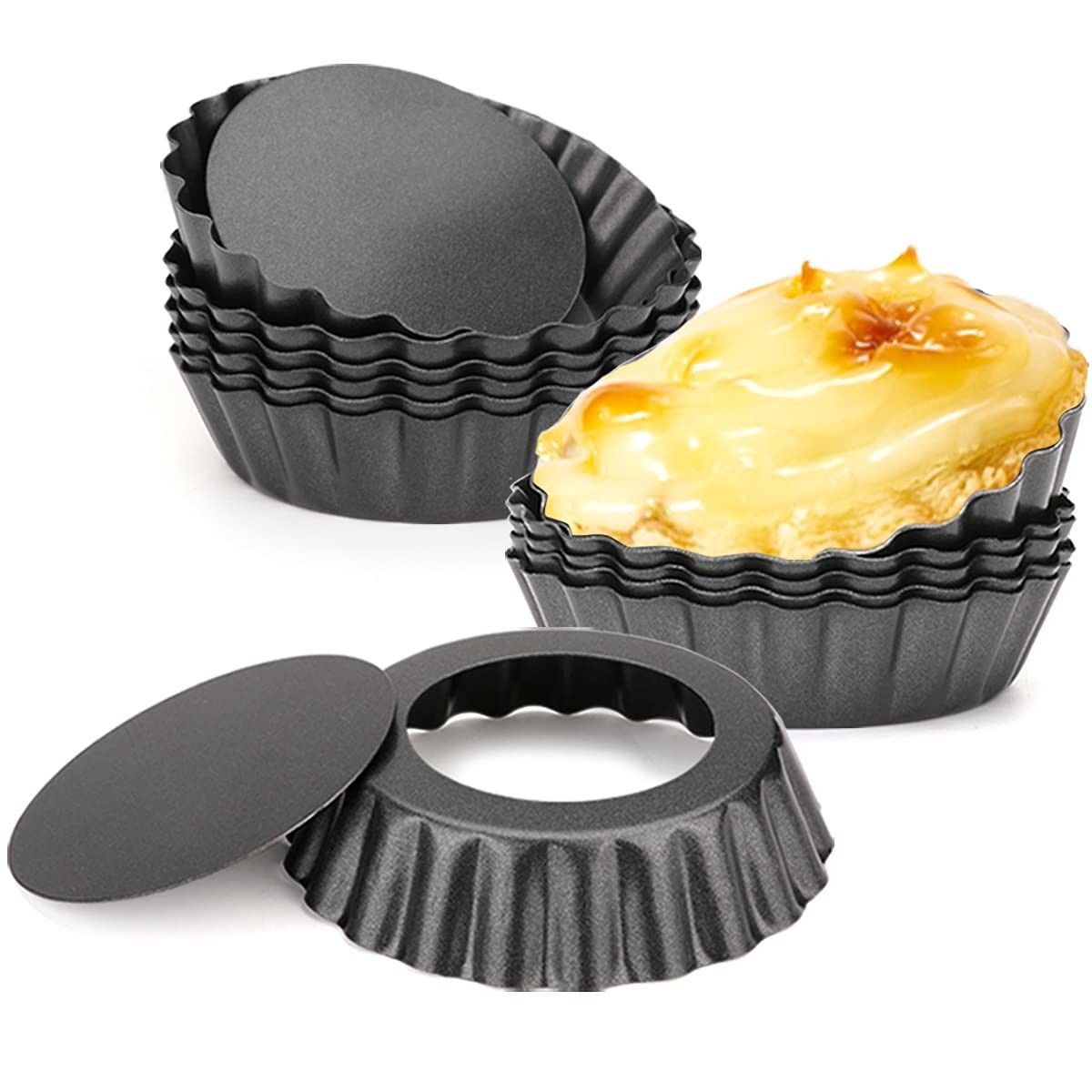 12pc 3inch Cake Egg Tart Molds Removable Bottom,Cupcake Cake Muffin Mold Tin Pan Baking Tool,Reusable Quiche Bakeware Carbon Steel for Pies,Cheese Cakes,Desserts
