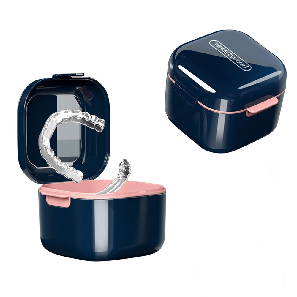 Denture Bath Box Cup,Portable Denture Case with Strainer Basket,False Teeth Storage Box Holder, Blue
