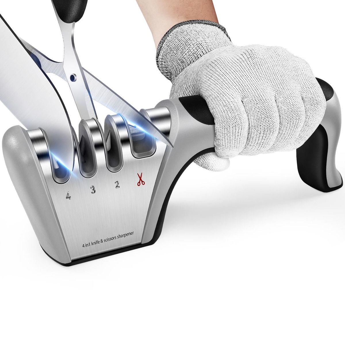 4-in-1 Knife Sharpener 4 Stage with a Pair of Cut-Resistant Glove,Original Premium Polish Blades