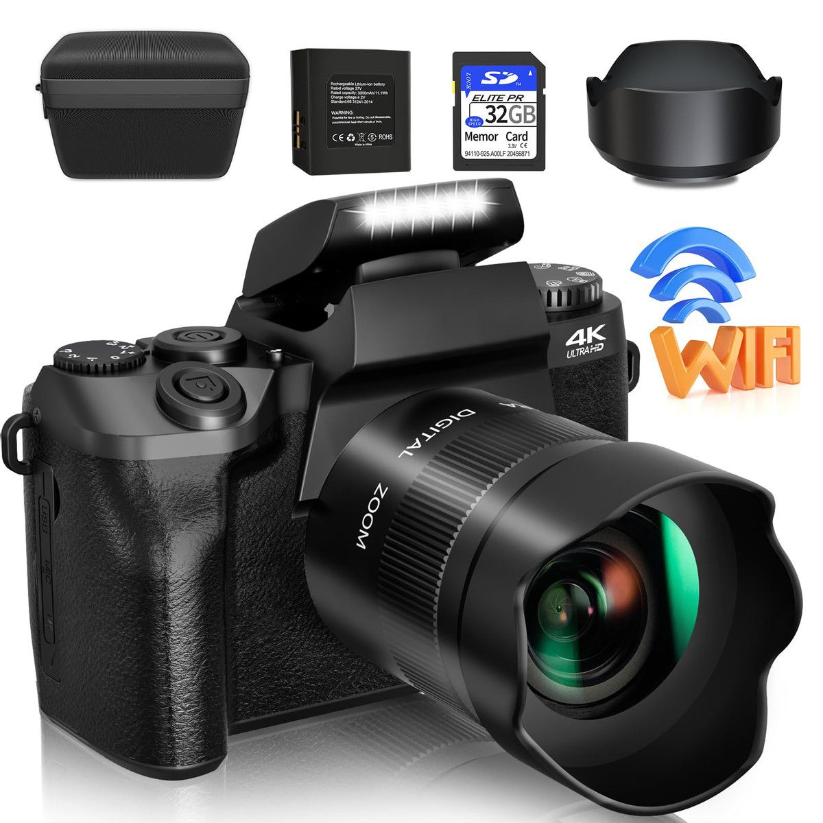 Digital Camera 4K for Photography and Video with 64MP WiFi Touch Screen Vlogging Camera Flash 32GB SD Card Lens Hood in Black