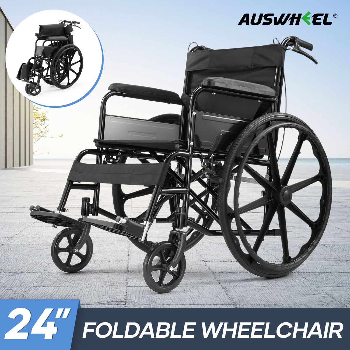 24 Inch Folding Wheelchair Mobility Disability Aid Travel Portable Lightweight Elderly Transport Equipment Rear Hand Brakes Auswheel