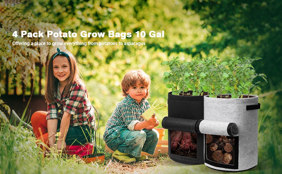 10 Gallon Potato Grow Bags With Harvest Window - 4 Pack Fabric Planters For Vegetables