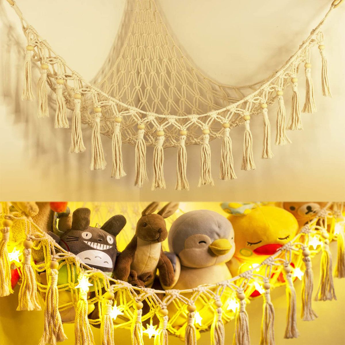 Toy Storage Hammock Stuffed Animal LED Light Macrame Jumbo Doll Room Corner Organizer Mesh Hanging Net Decoration Kids Bedroom Beige
