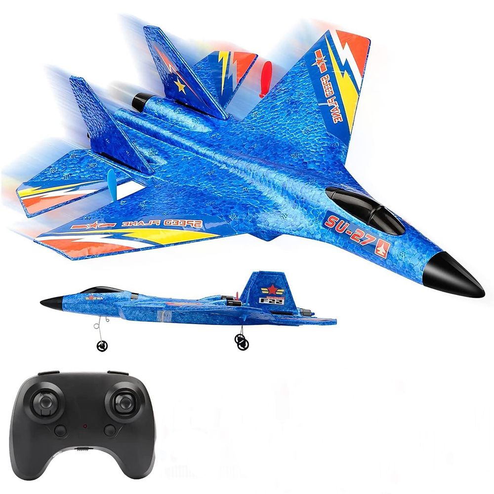 Glider Fighter RC Plane Remote Control 2.4 GHz Easy Fly 2 Channels Auto Gyro Beginner Kids Men Blue Toy Outdoor Hobby Durable Gift