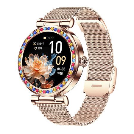 New Ladies Women Diamond  Smart Watch Bluetooth Call 1.27inch 360*360 HD Screen Sports Body Monitor Smartwatch For Android IOS Color Gold
