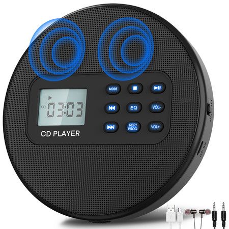 CD Player Portable Rechargeable Walkman Stereo Speakers AntiSkip Discman Headphones LCD Display Backlight Compact