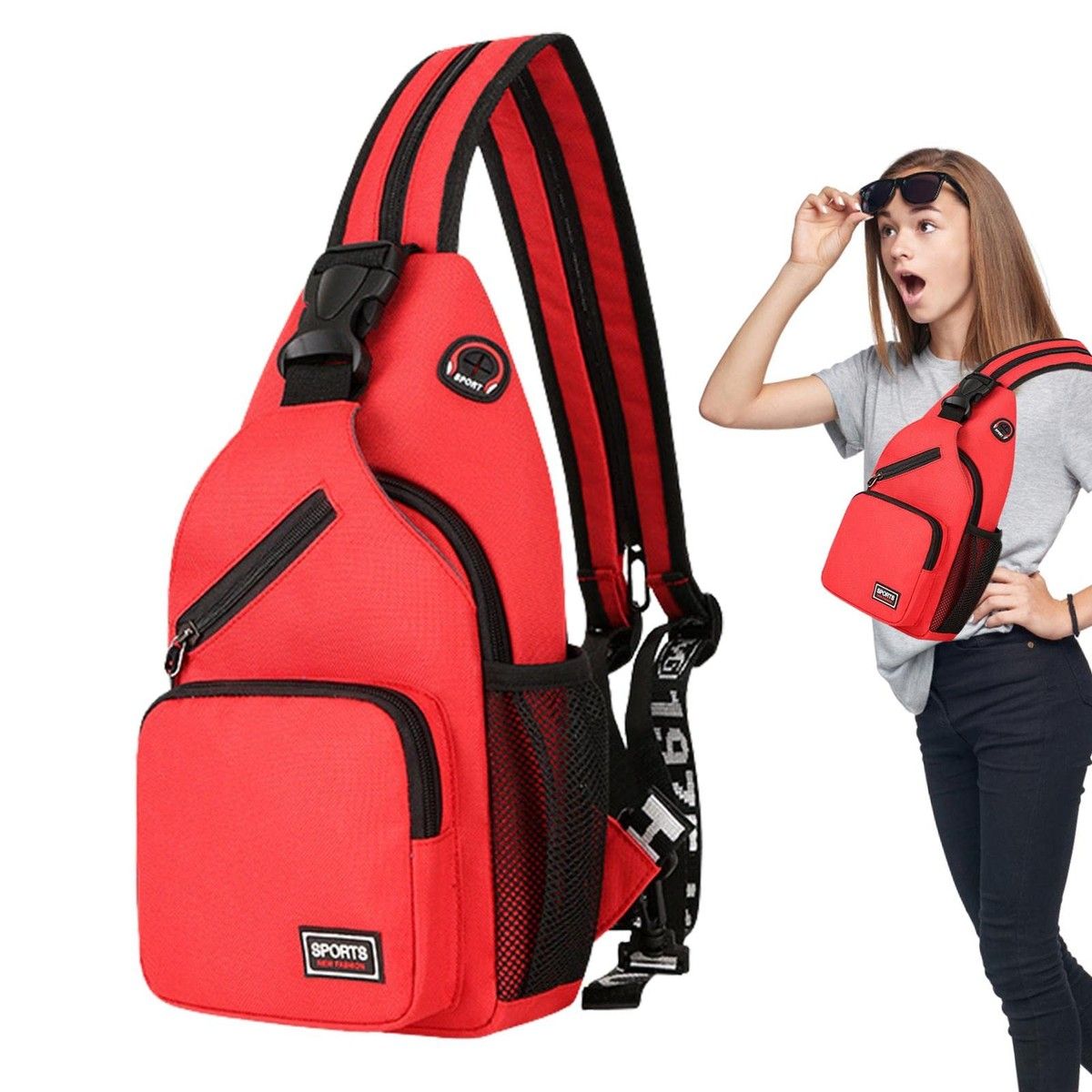 Crossbody Sling Backpacks Sling Bag for Men Women Hiking Daypack with Earphone Hole Travel Daypack Color Red