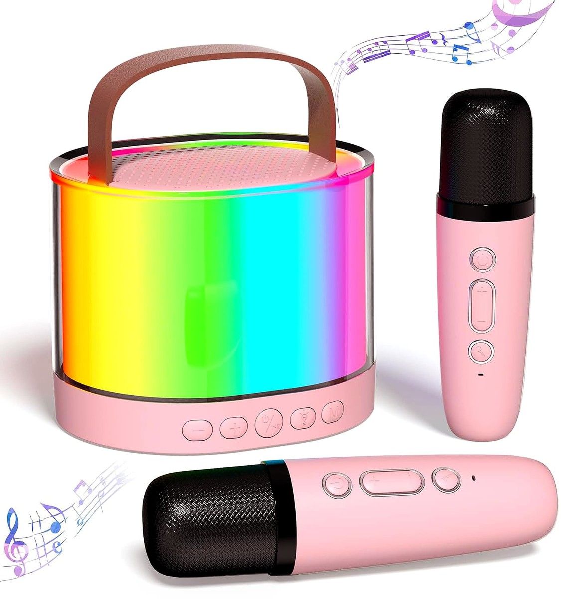 Karaoke Machine for Kids, Mini Portable Bluetooth Karaoke Speaker with 2 Wireless Mics & Light for Home Party(Pink)