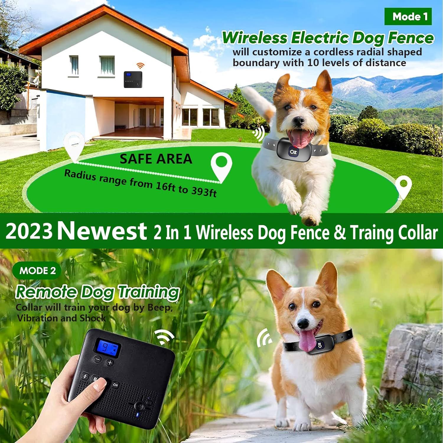 2 in 1 Wireless Dog Fence, Pet Electric Containment System, Waterproof