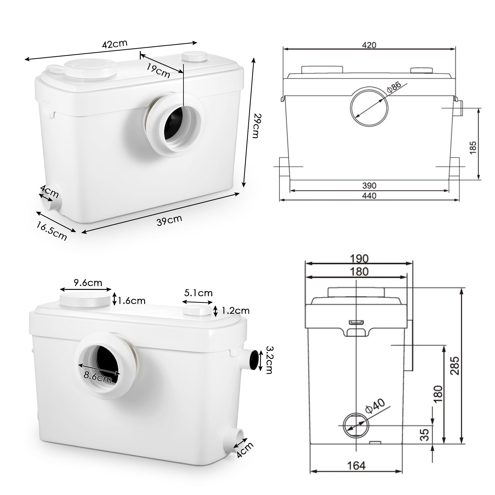 Macerator Sewage Pump Automatic Sump Macerating Flush Toilet Sink Shower Bathroom Waste Water Disposal System