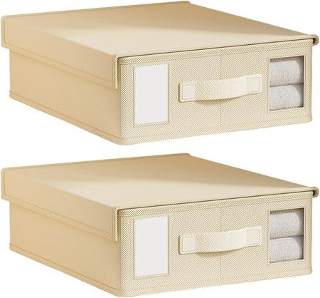 Bed Sheet Organizer and Storage with Visible Window Handles 2 PCS Beige for All Sheet Sizes Foldable Blankets Storage Case