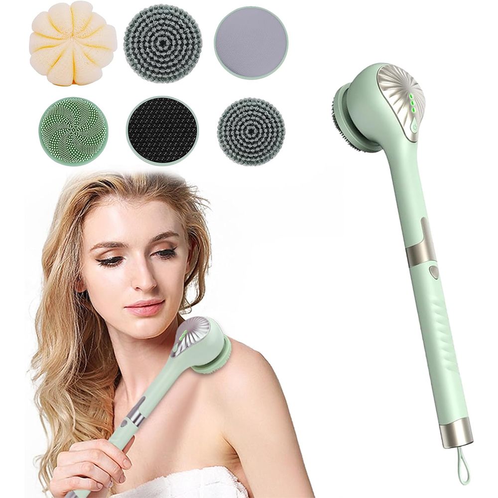 Electric Body Brush with 6 Large Brush Heads, Rechargeable Shower Brush with Long Handle, 3 Gear Setting Deep Cleansing Bath Brush for Back, Green